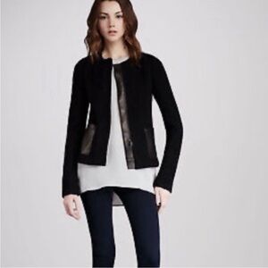 VINCE Black Wool Blend Jacket Leather Pockets and Trim Size 6 Like New